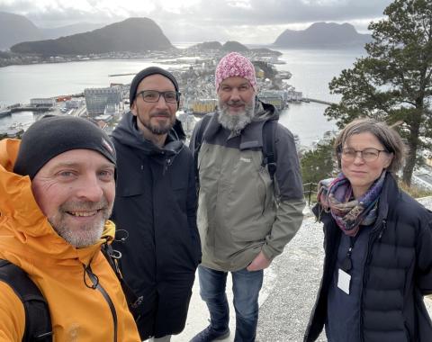 Bilde av tre menn og ei kvinne som ser mot fotografen oppe i fjellsida av Aksla, med Ålesund by og øyar bak